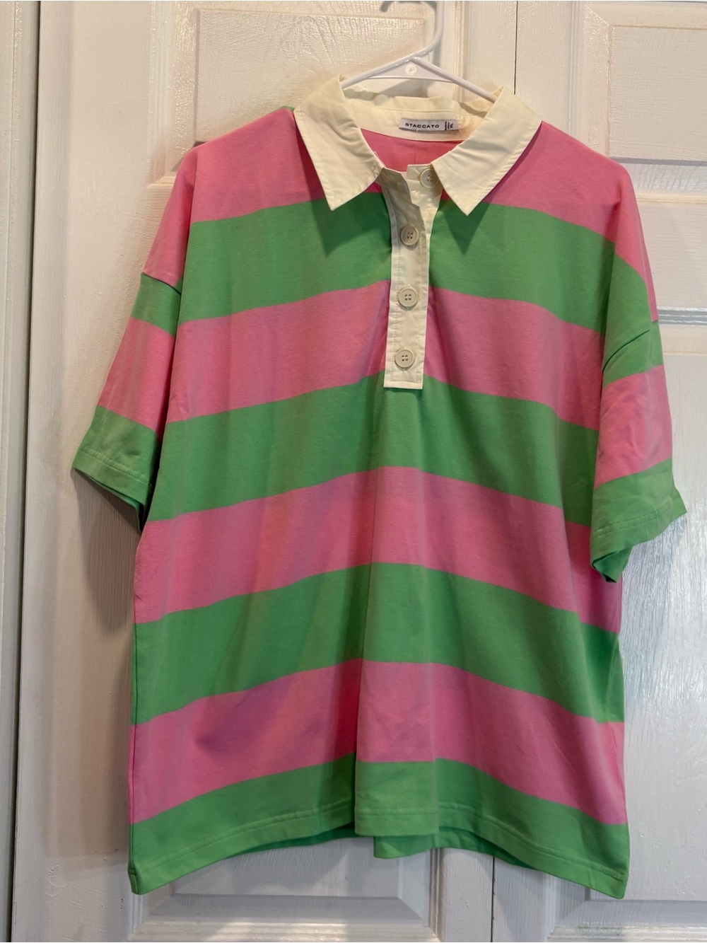 NWT Staccato Pink And Green Striped Short Sleeve Button Up Polo - Size XL
